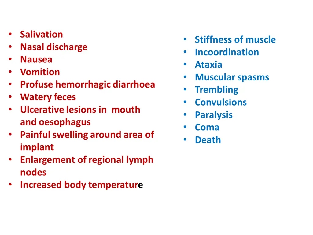 salivation nasal discharge nausea vomition