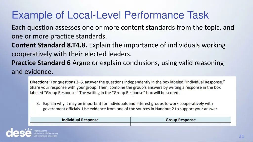 example of local level performance task each