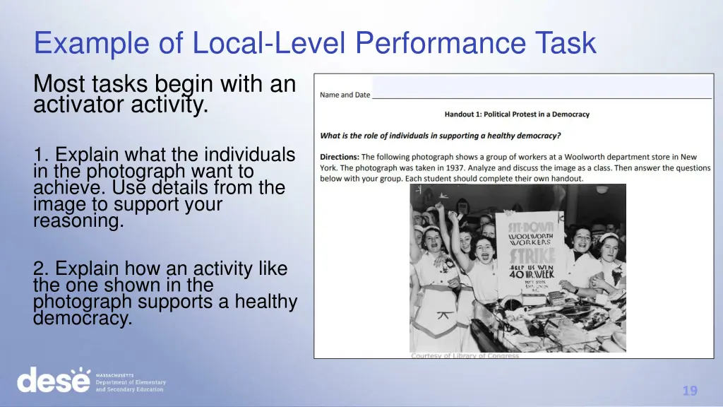 example of local level performance task most