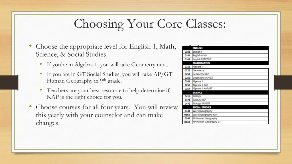 choosing your core classes