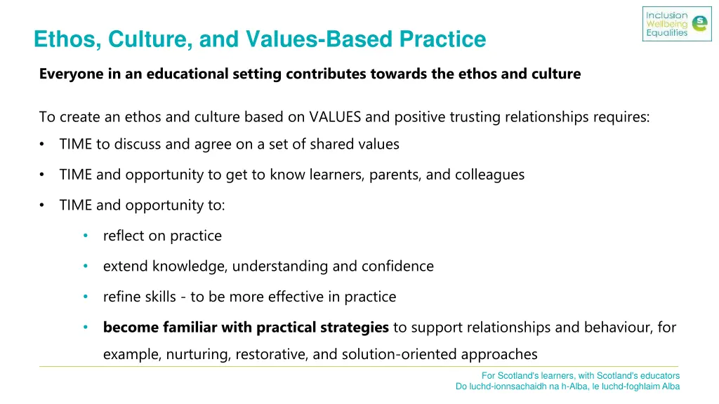 ethos culture and values based practice