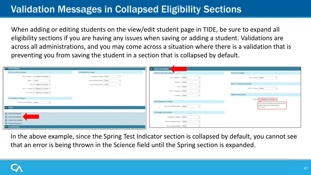 validation messages in collapsed eligibility