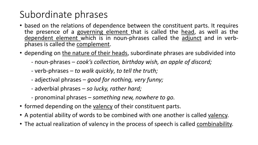 subordinate phrases based on the relations