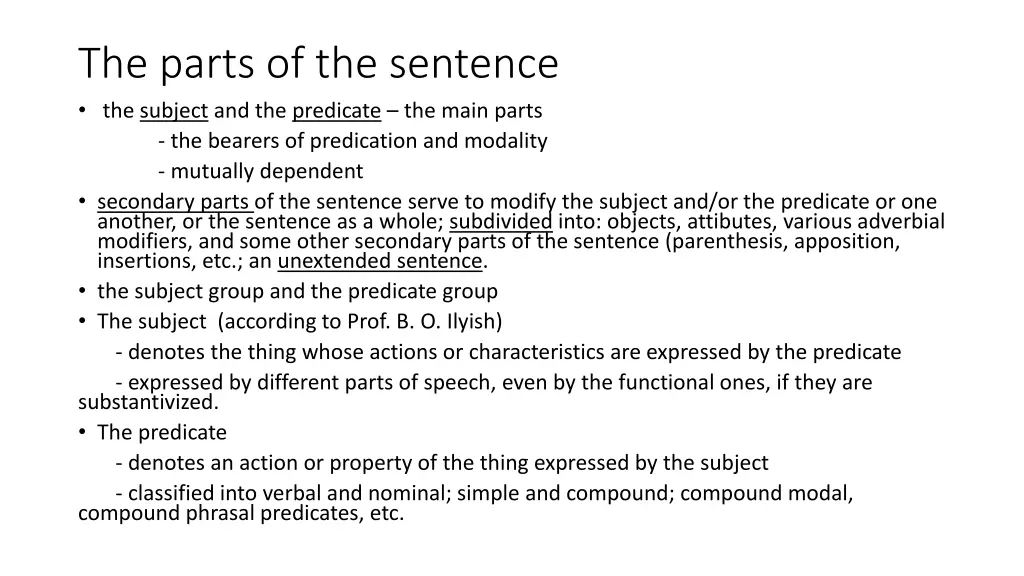 the parts of the sentence the subject