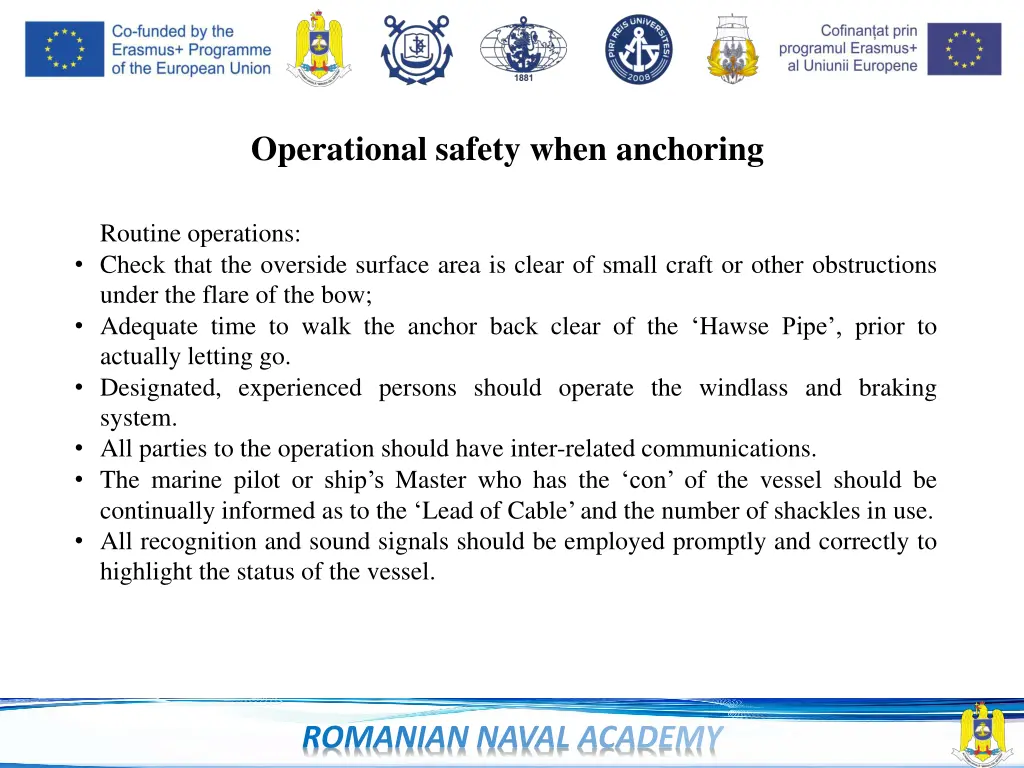 operational safety when anchoring