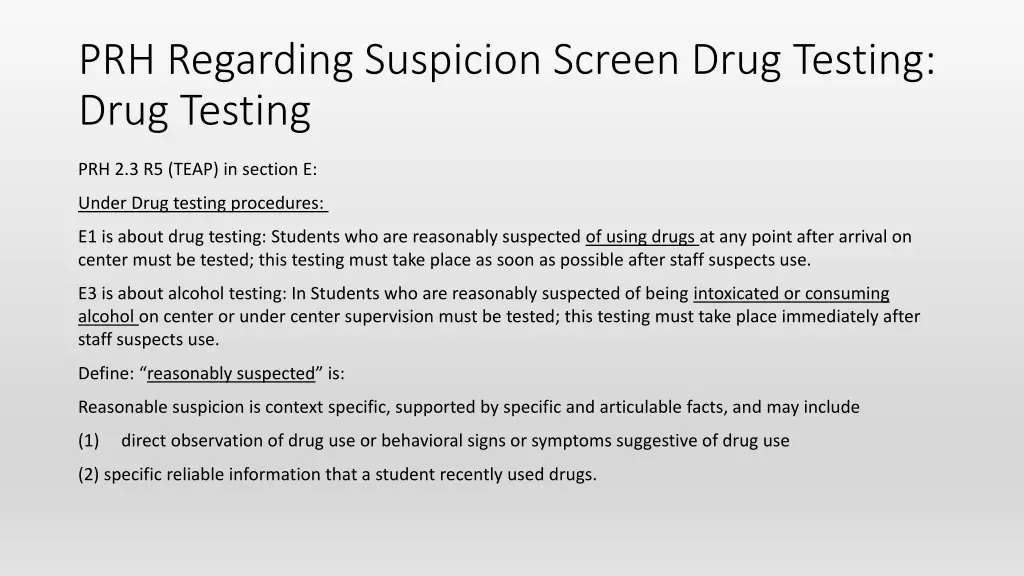 prh regarding suspicion screen drug testing drug