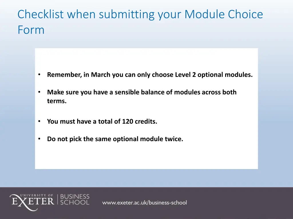 checklist when submitting your module choice form