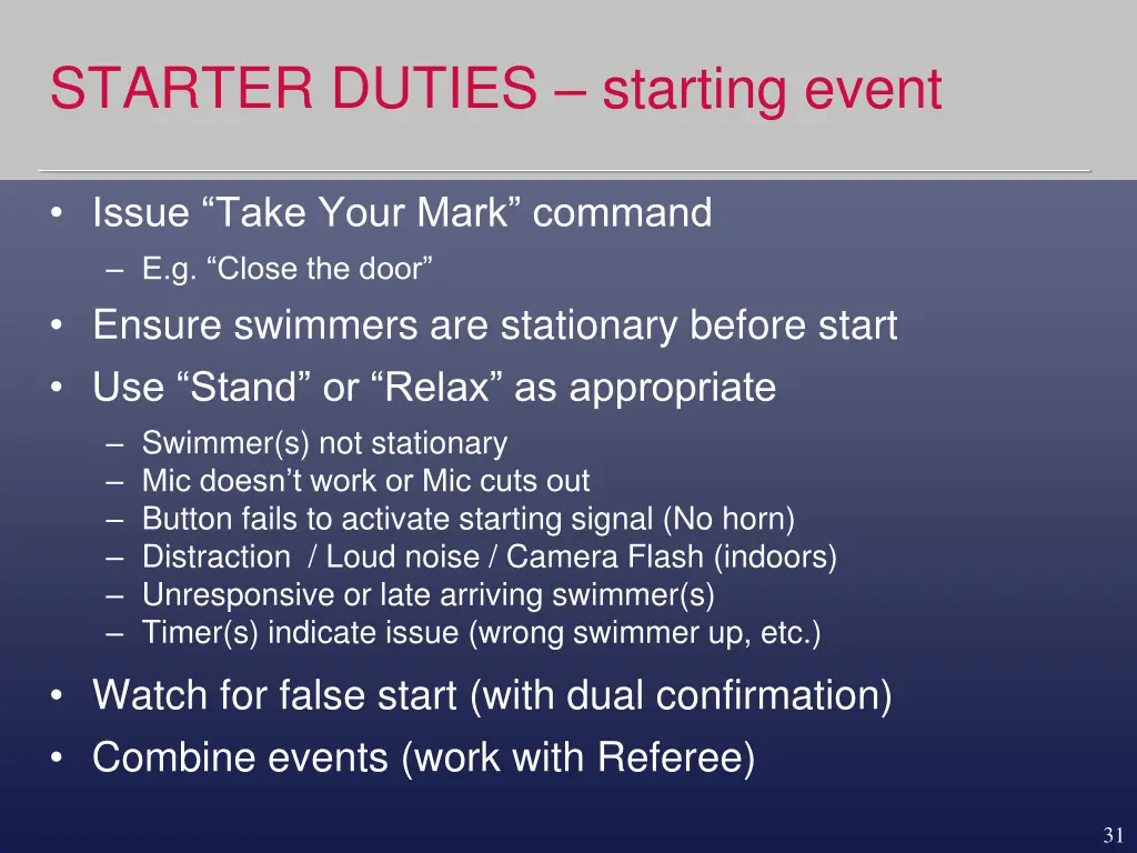 starter duties starting event