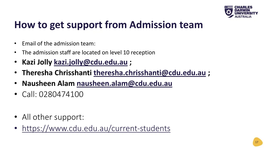 how to get support from admission team