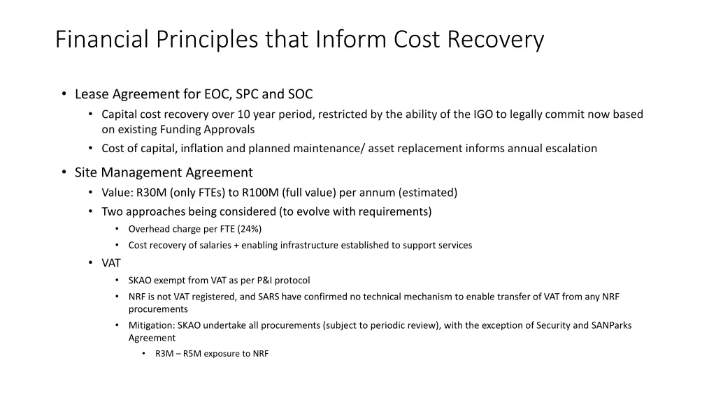 financial principles that inform cost recovery