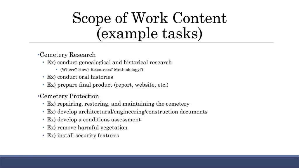 scope of work content example tasks