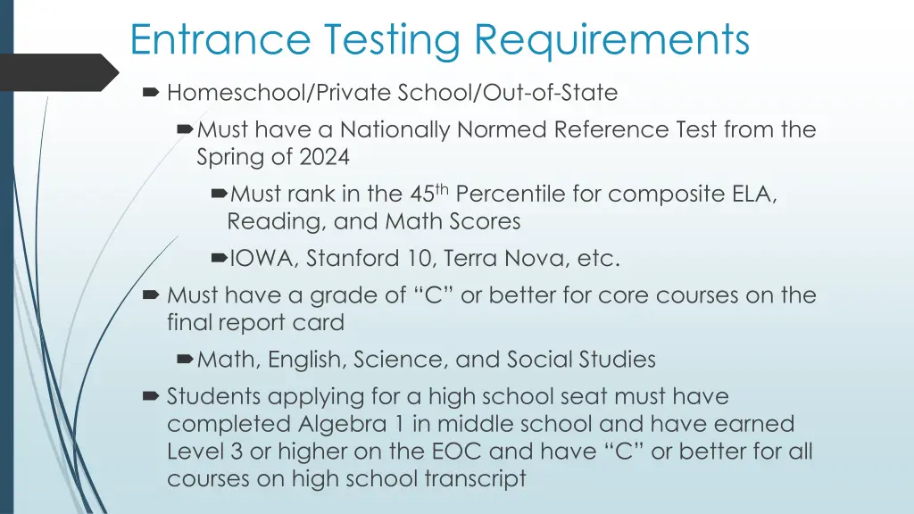 entrance testing requirements