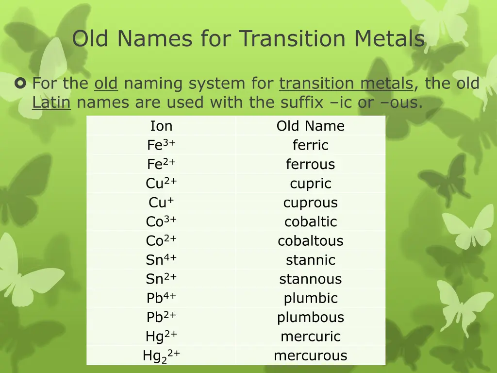 old names for transition metals