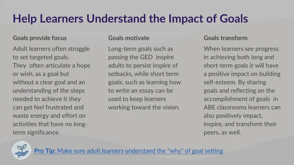 help learners understand the impact of goals