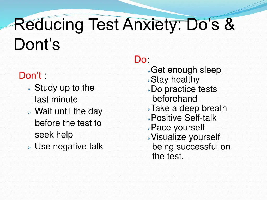 reducing test anxiety do s dont s