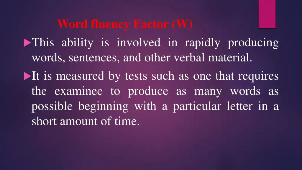 word fluency factor w this ability is involved