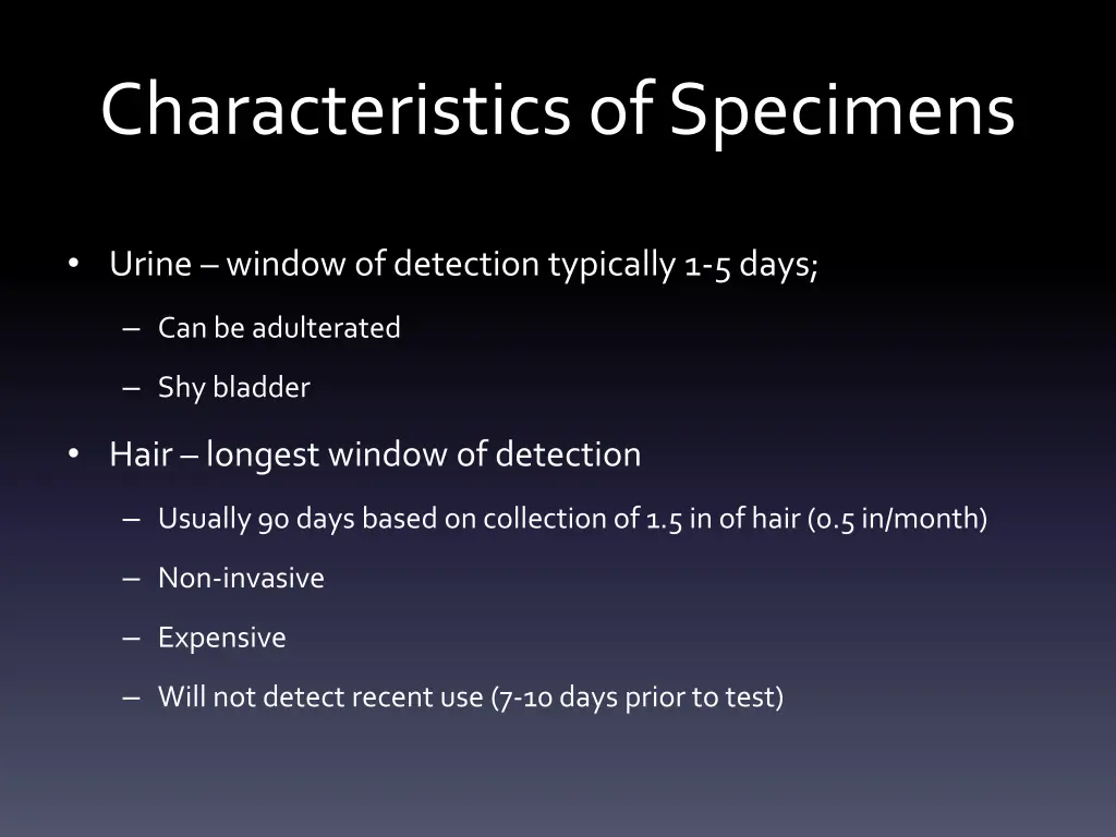 characteristics of specimens