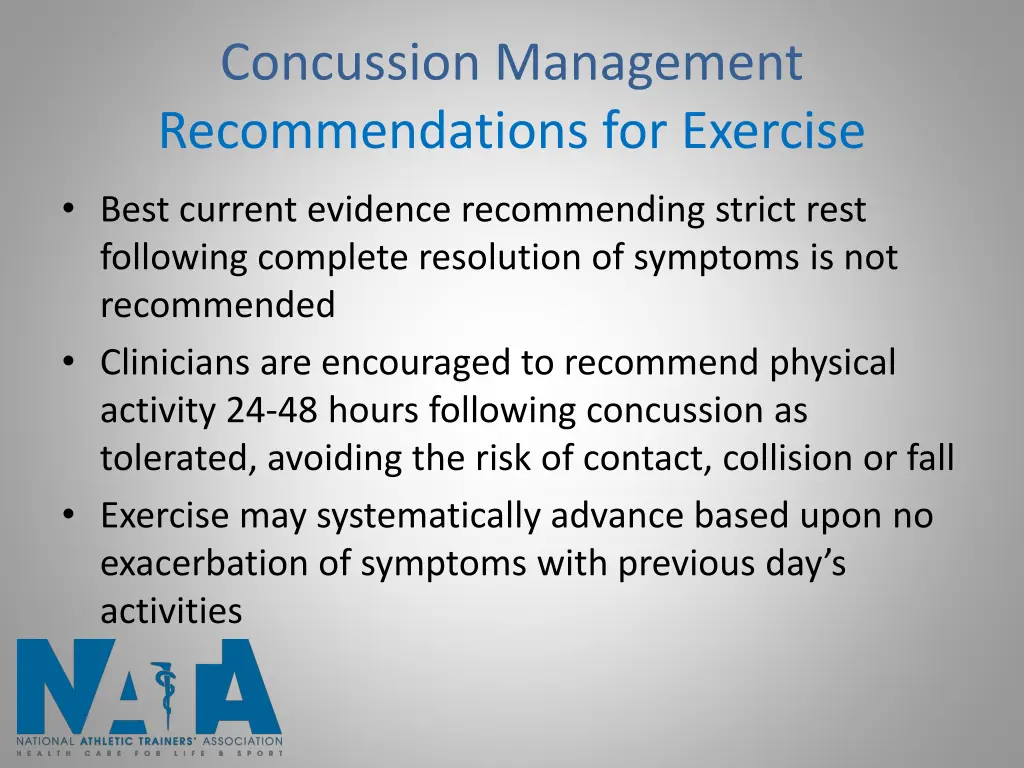 concussion management recommendations for exercise