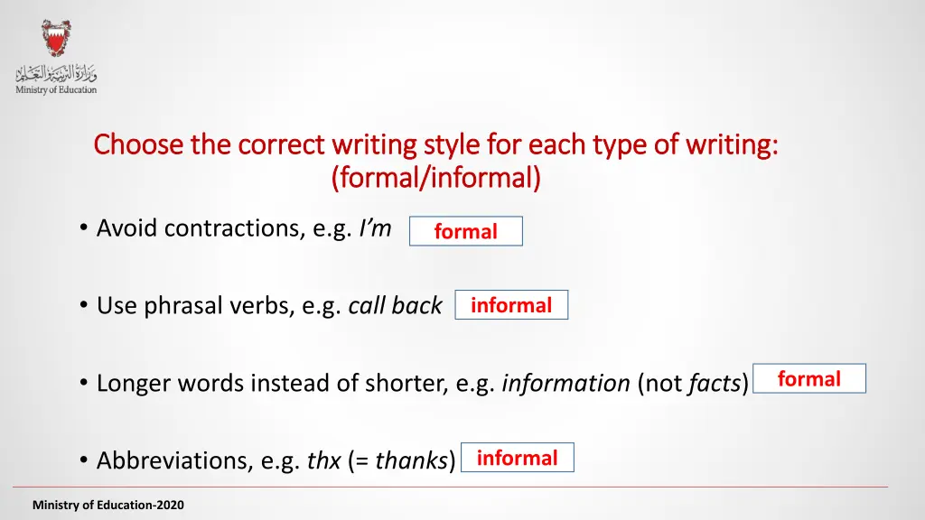 choose the correct writing style for each type