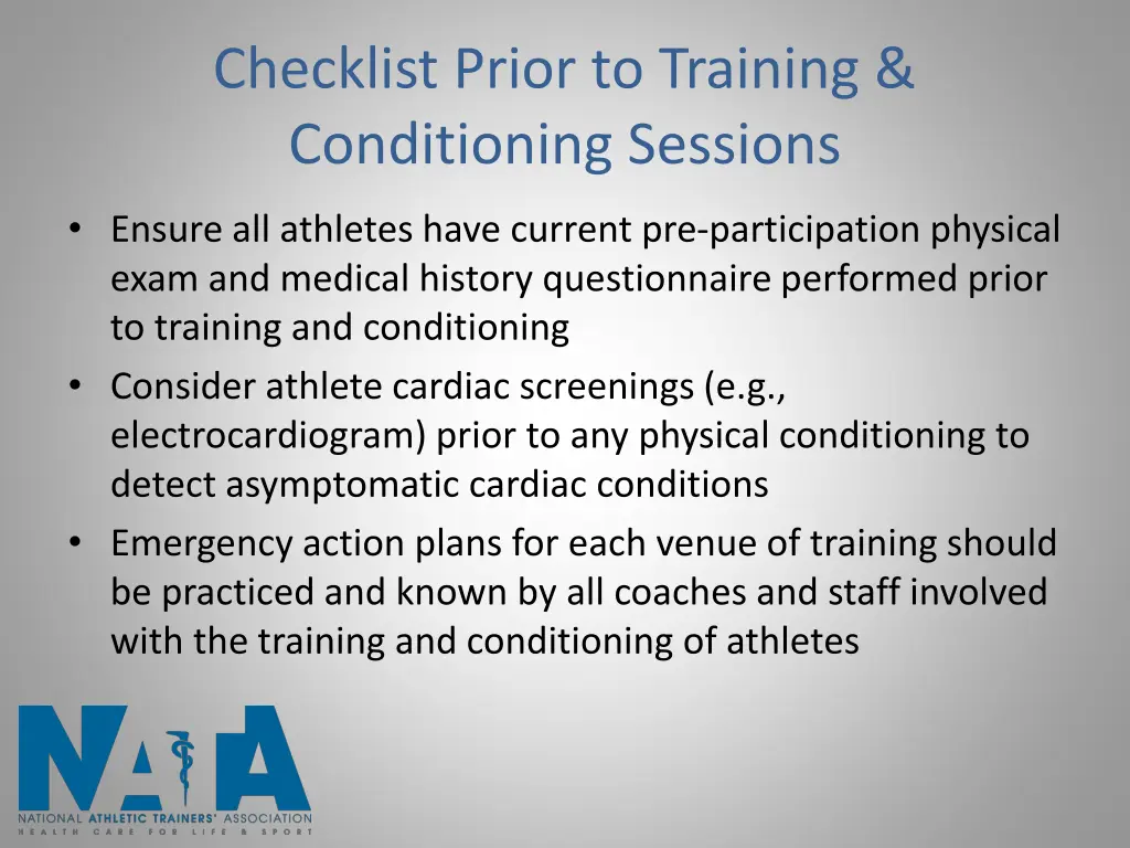 checklist prior to training conditioning sessions 1