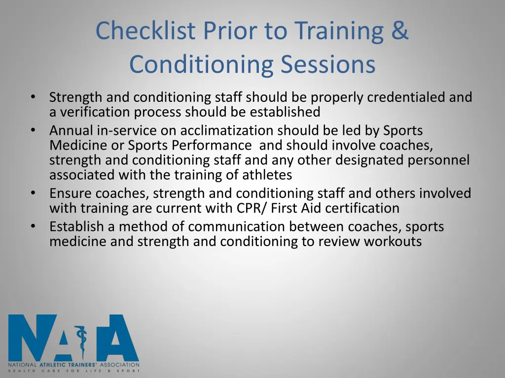 checklist prior to training conditioning sessions