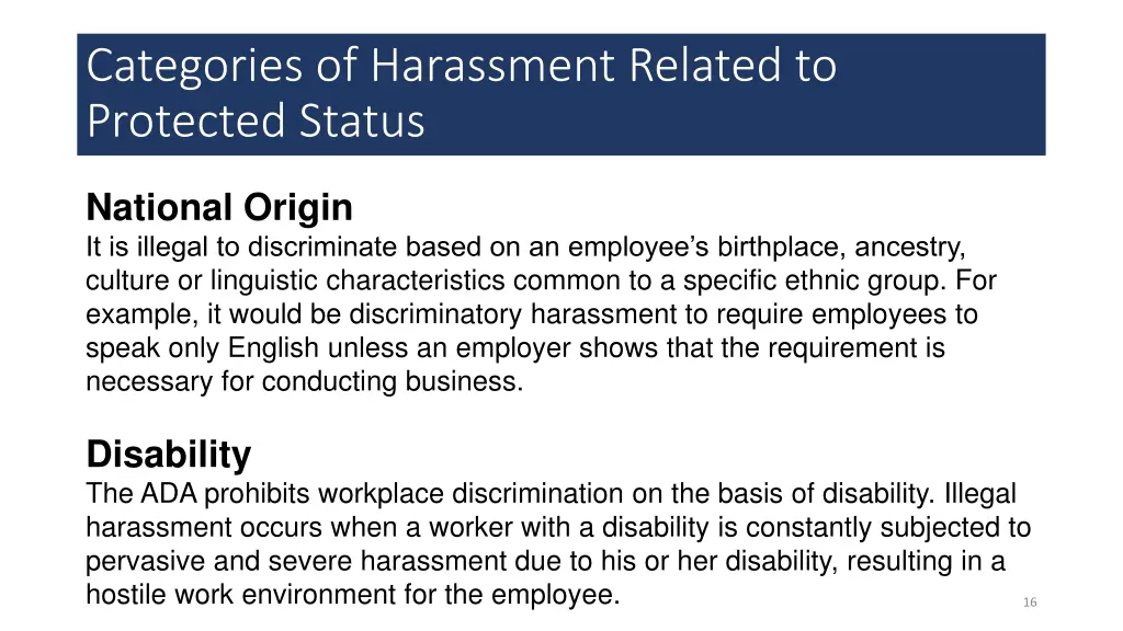 categories of harassment related to protected