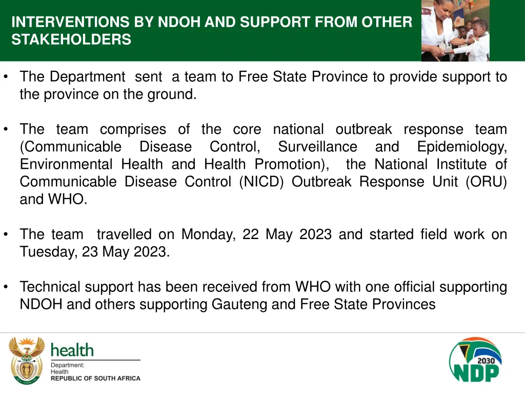 interventions by ndoh and support from other