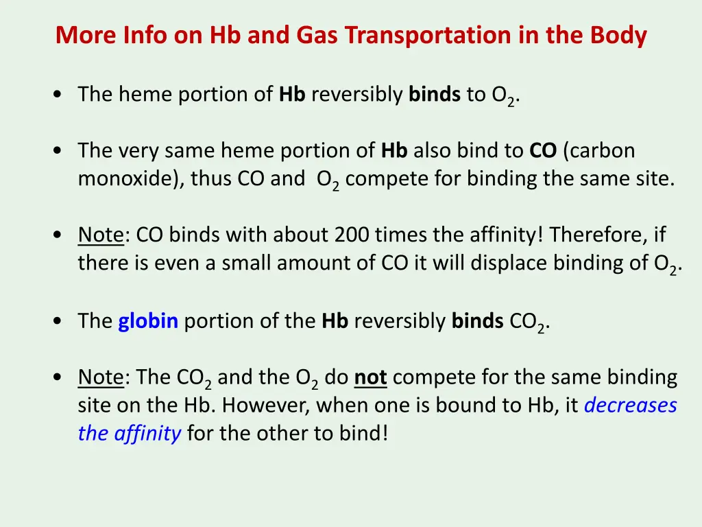 more info on hb and gas transportation in the body