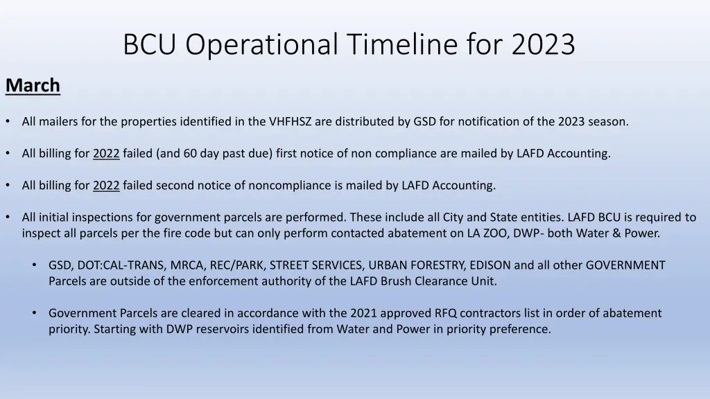 bcu operational timeline for 2023