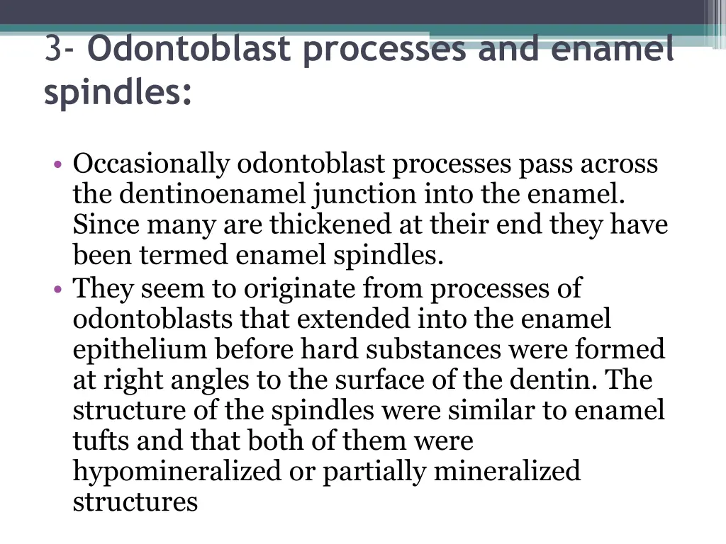 3 odontoblast processes and enamel spindles