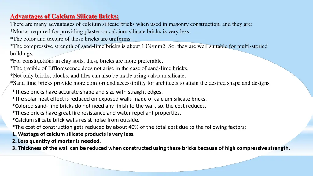 advantages of calcium silicate bricks there