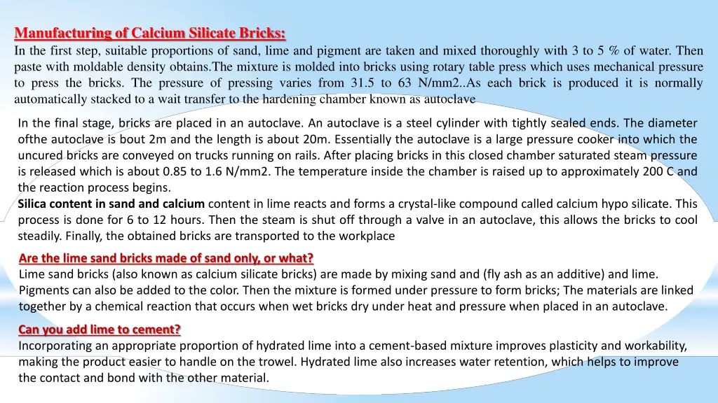 manufacturing of calcium silicate bricks