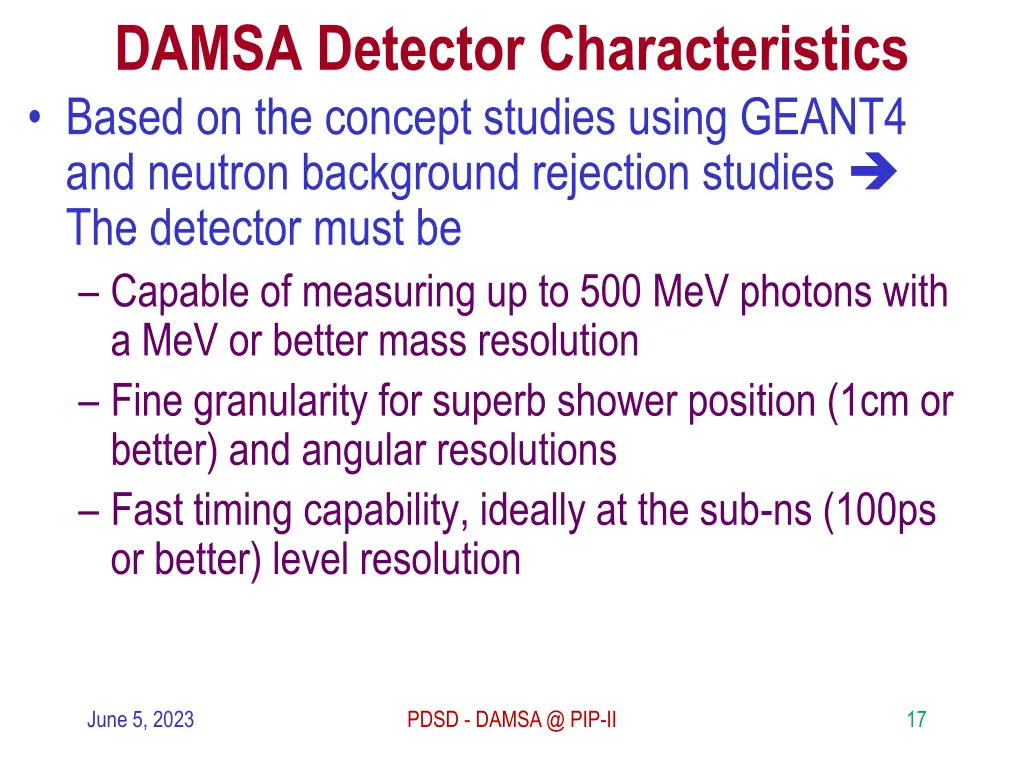 damsa detector characteristics based