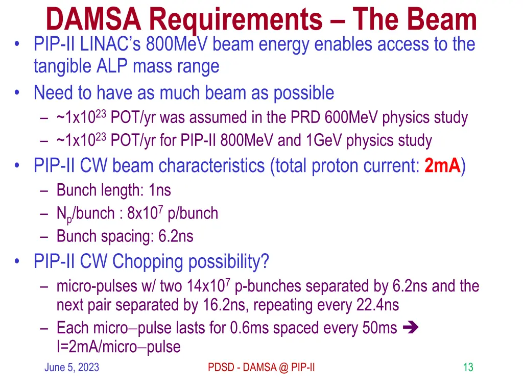 damsa requirements the beam pip ii linac s 800mev