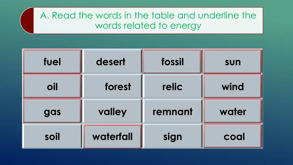 a read the words in the table and underline