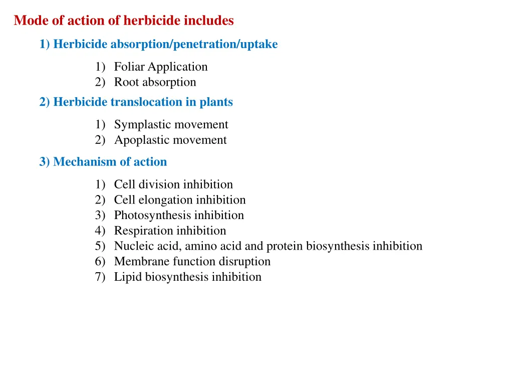 mode of action of herbicide includes