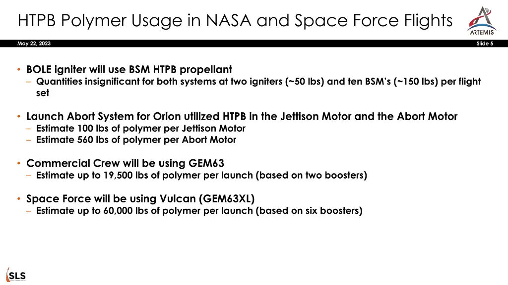 htpb polymer usage in nasa and space force flights