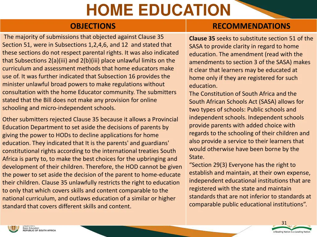 home education objections the majority