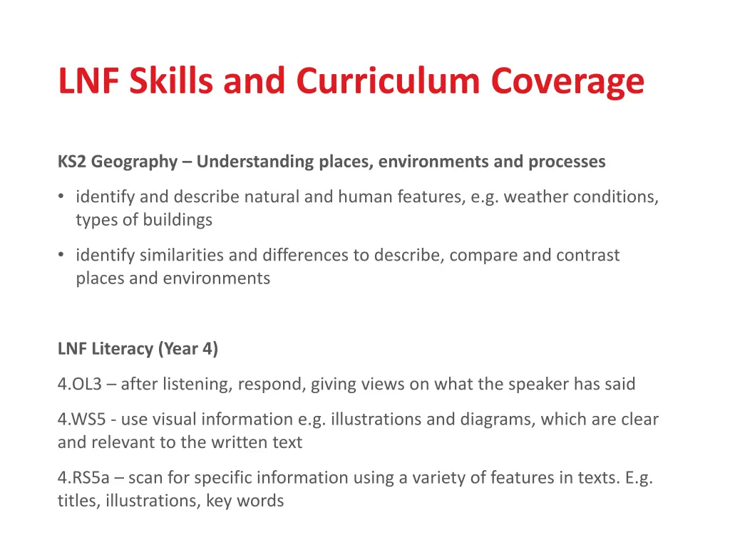 lnf skills and curriculum coverage