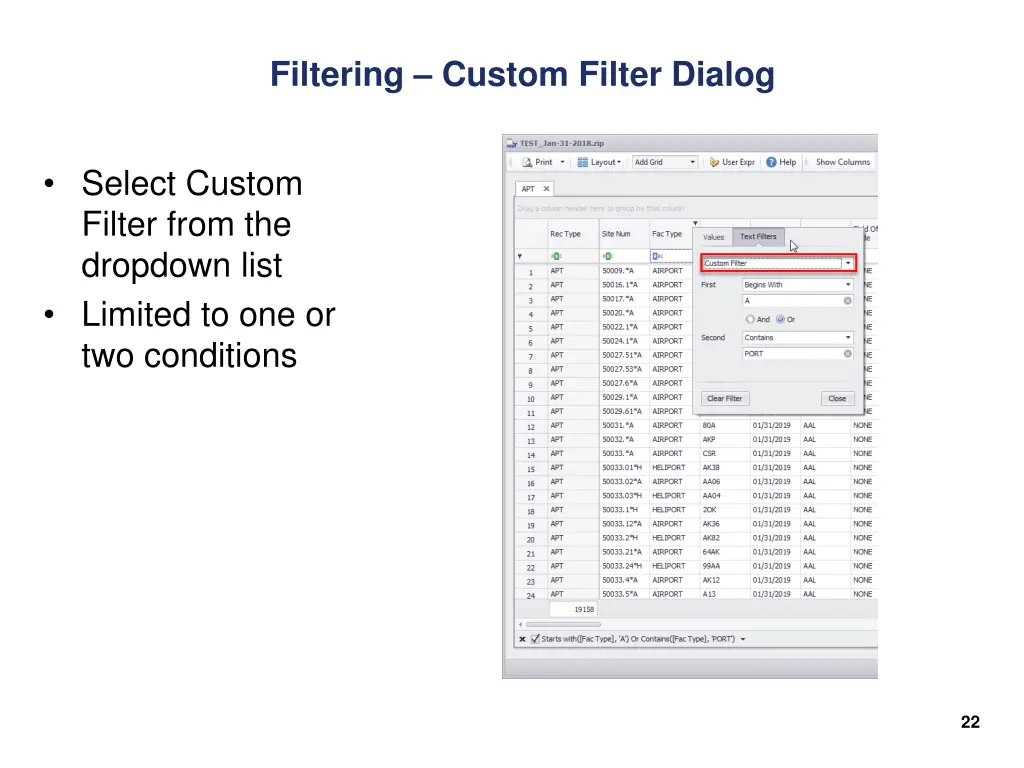 filtering custom filter dialog