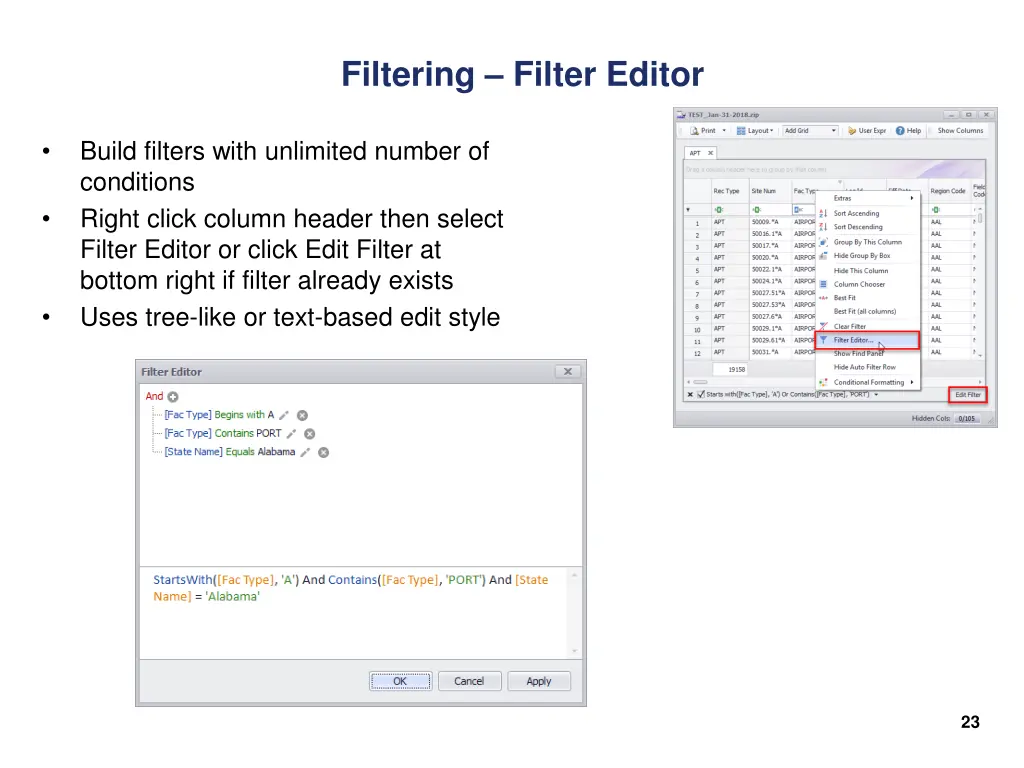 filtering filter editor