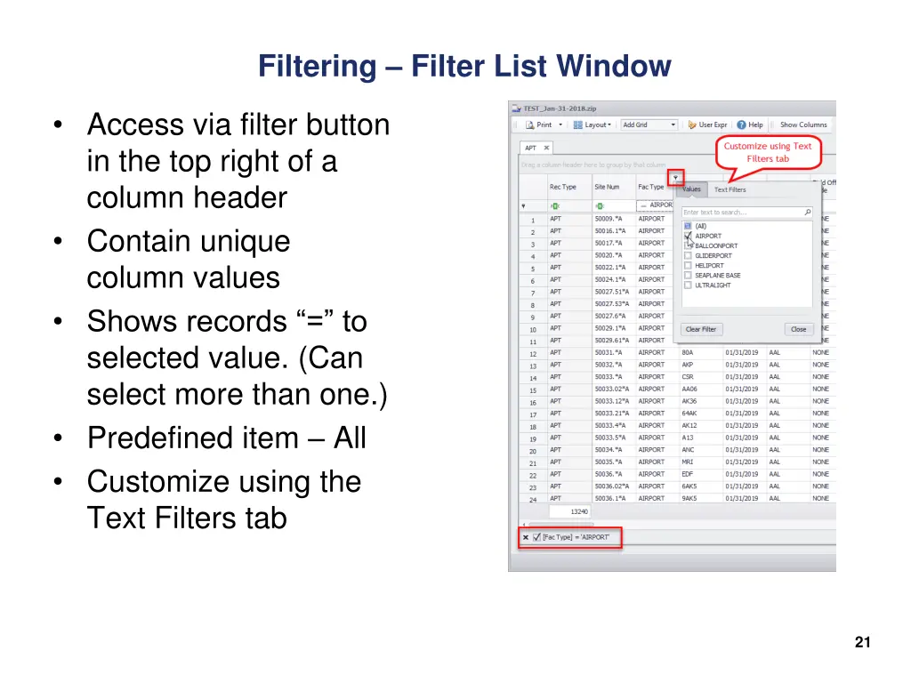 filtering filter list window