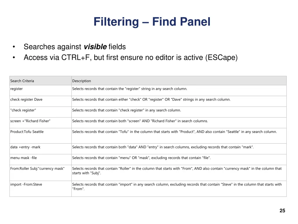 filtering find panel