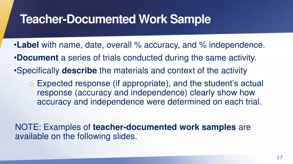 teacher documented work sample