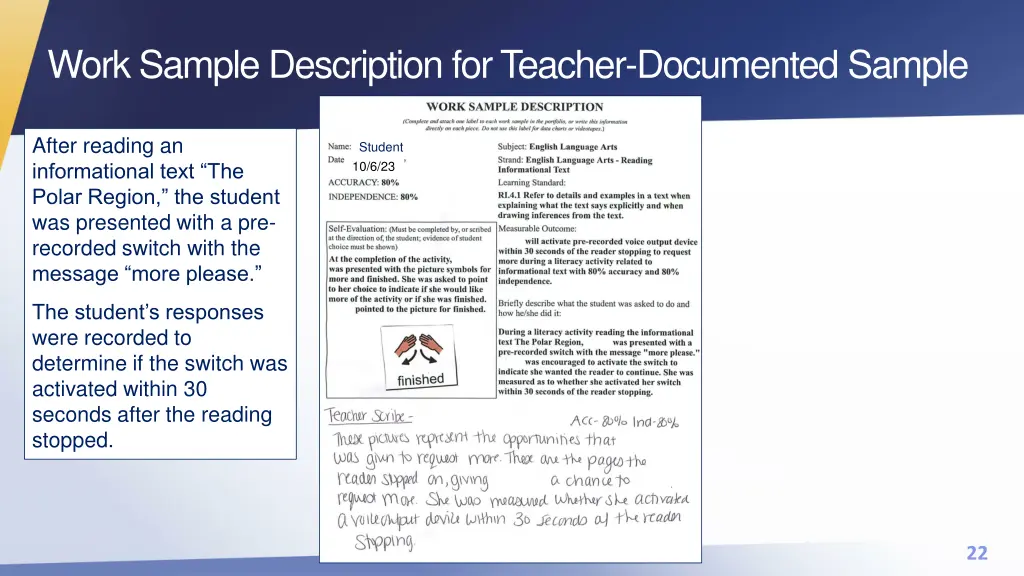 work sample description for teacher documented