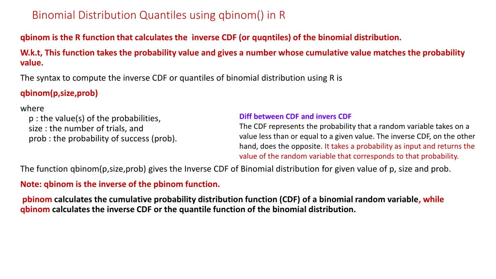 binomial distribution quantiles using qbinom in r