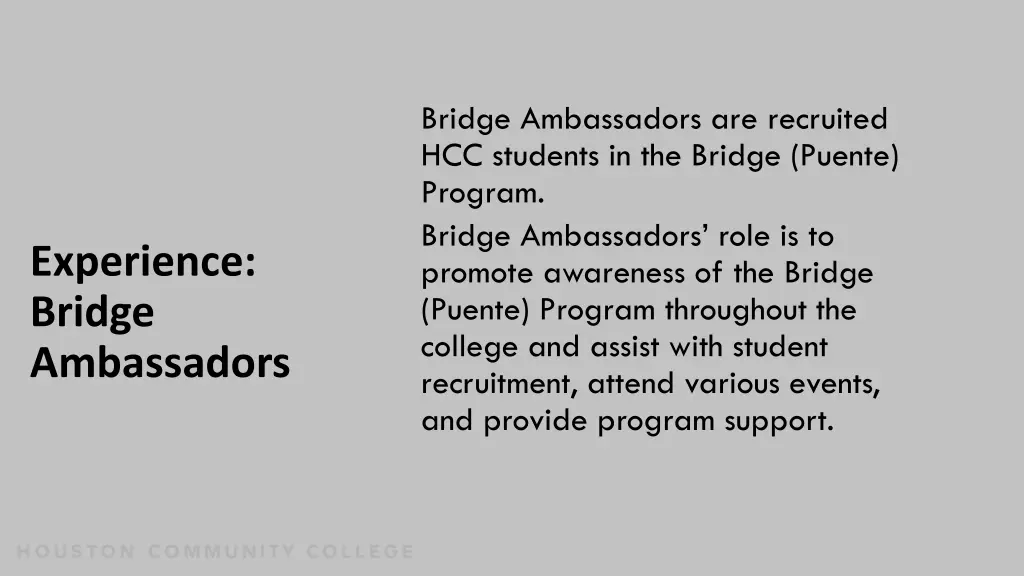 bridge ambassadors are recruited hcc students