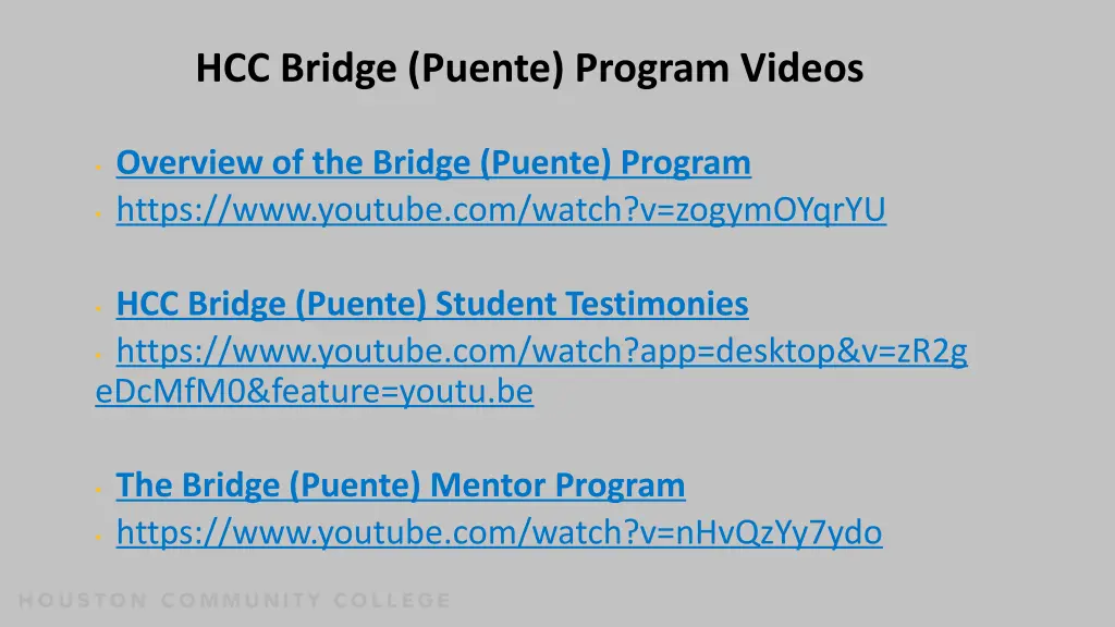 hcc bridge puente program videos