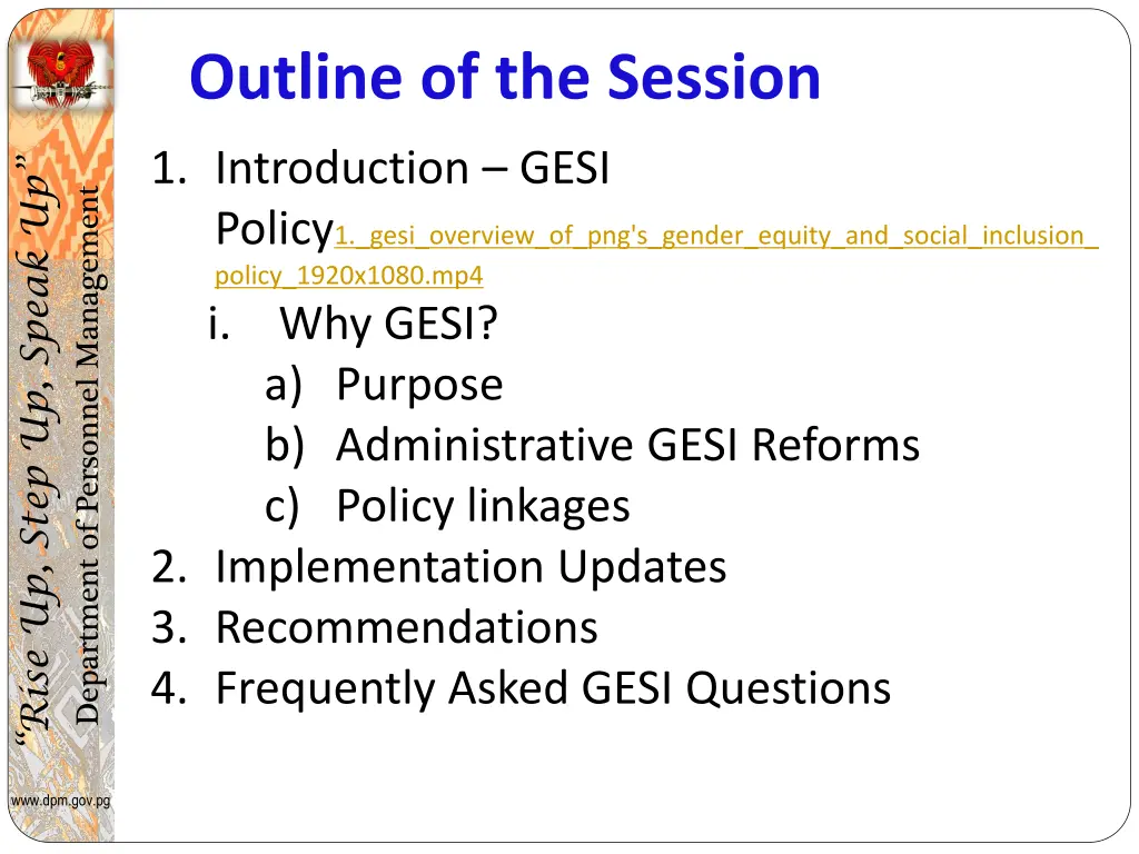 outline of the session