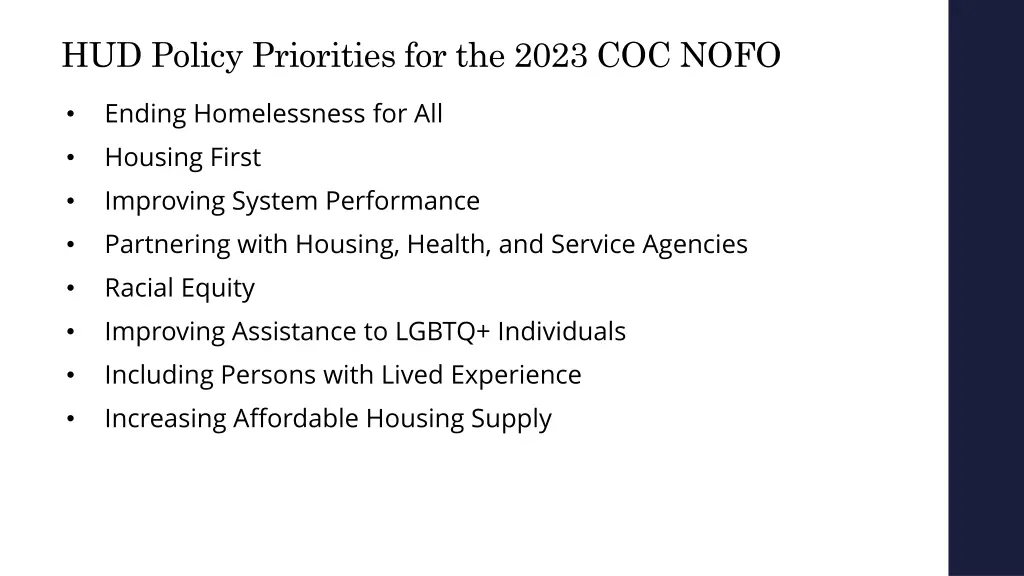 hud policy priorities for the 2023 coc nofo